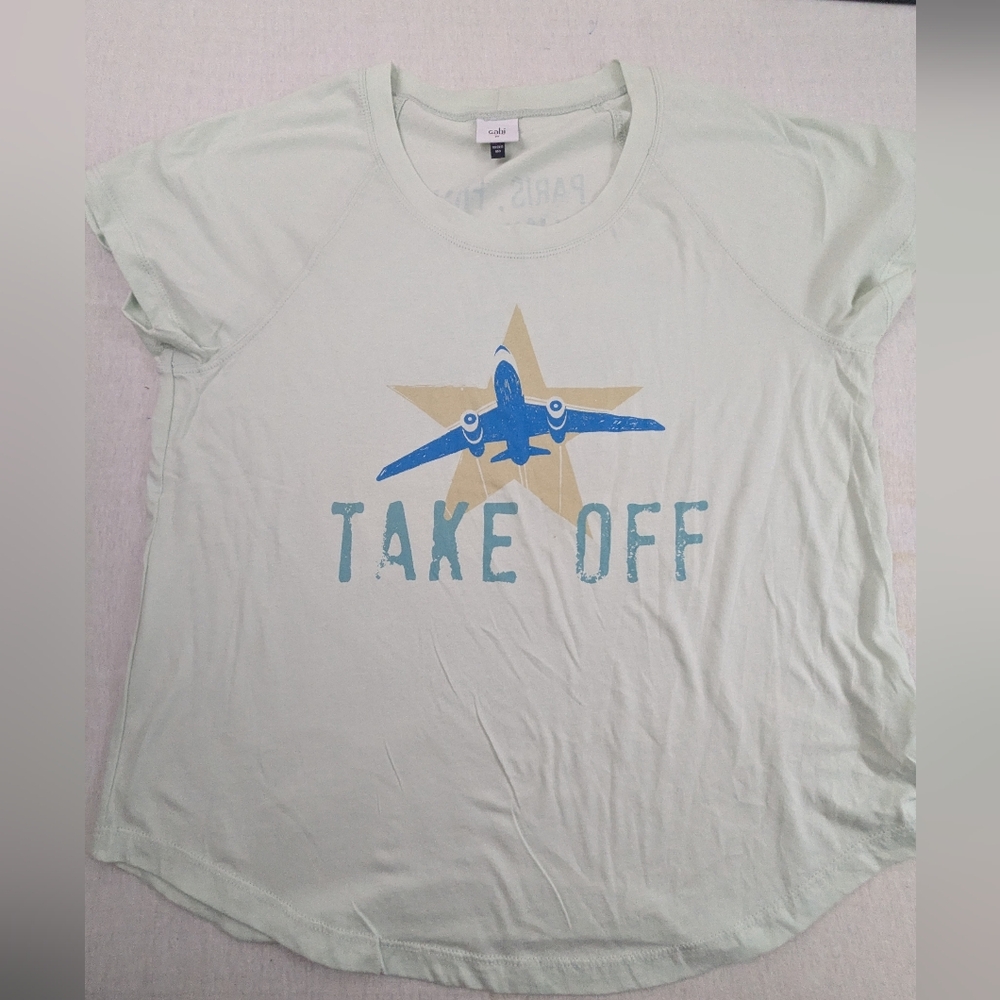 Cabi Take Off Plane Graphic Pale Blue Cap Sleeve Blouse - City Names Back XL
